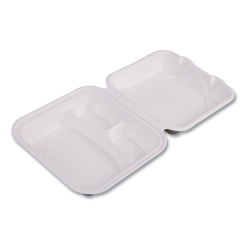 Eco-Products Vanguard Renewable and Compostable Sugarcane Clamshells, 3 Compartments, 8 x 8 x 3, White, 200/Carton (EPHC83NFA)