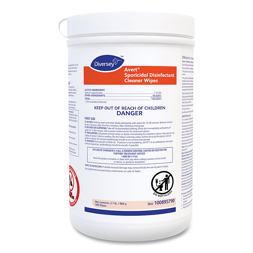 Diversey Avert Sporicidal Disinfectant Cleaner Wipes, 6 x 7, Chlorine Scent, 160/Canister, 12/Carton (100895790)