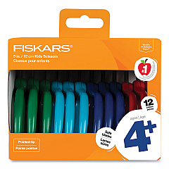 Fiskars Kids Scissors Classpack, Pointed Tip, 5" Long, 1.75" Cut Length, Straight Assorted Color Handles, 12/Pack (1067002)
