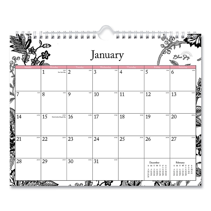 Blue Sky Analeis Wall Calendar, Analeis Floral Artwork, 11 x 8.75, White/Black/Coral Sheets, 12-Month (Jan to Dec): 2023 (100028)