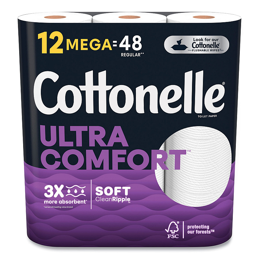 Cottonelle Ultra ComfortCare Toilet Paper, Soft Tissue, Mega Rolls, Septic Safe, 2-Ply, White, 284/Roll, 12 Rolls/Pack, 48 Rolls/Carton (54165)