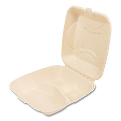 Boardwalk Bagasse PFAS-Free Food Containers, 3-Compartment, 9 x 3.19 x 9, Tan, Bamboo/Sugarcane, 200/Carton (BWKHNGE3C9NPFA)