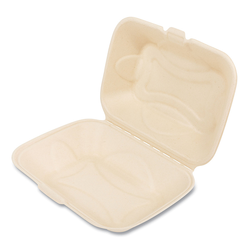 Boardwalk Bagasse PFAS-Free Food Containers, Hoagie/Hinged Lid, 1-Compartment, 6 x 3 x 9, Tan, Bamboo/Sugarcane, 250/Carton (BWKHINGE96NPFA)