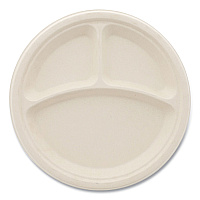 Boardwalk Bagasse PFAS-Free Dinnerware, Plate, 10" dia, 3-Compartment, Tan, 500/Carton (BWKPLT3C10NPFA)