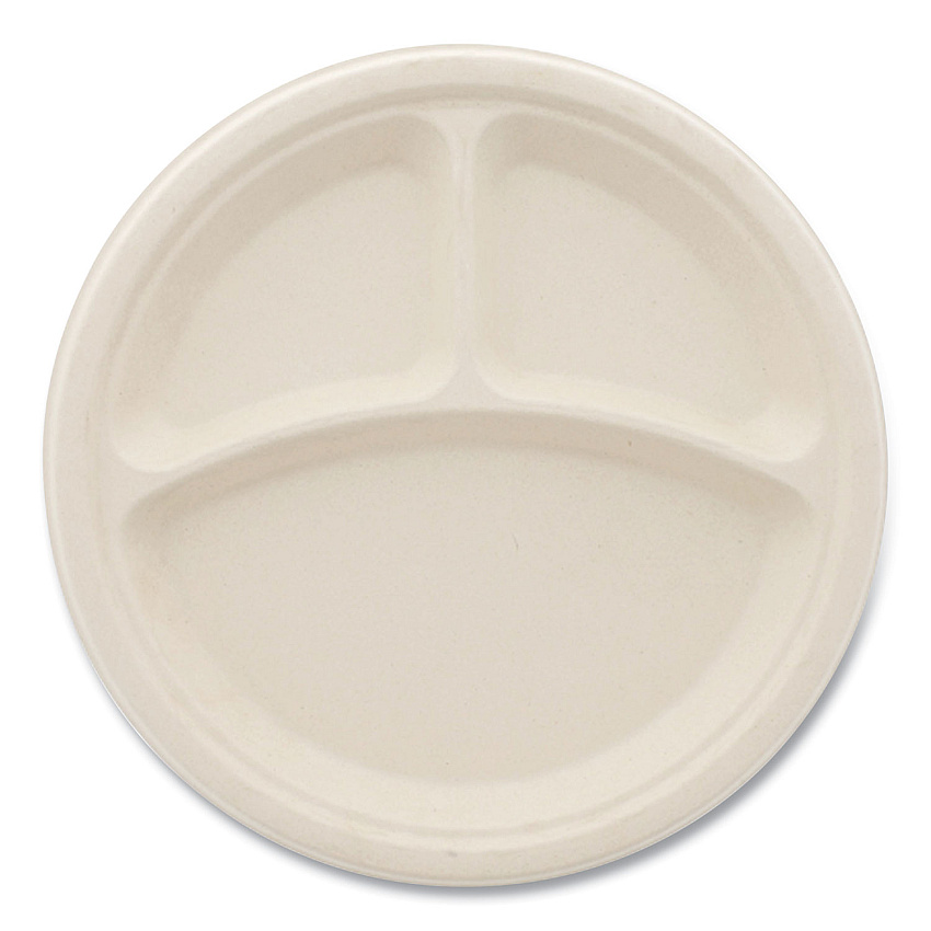 Boardwalk Bagasse PFAS-Free Dinnerware, Plate, 10" dia, 3-Compartment, Tan, 500/Carton (BWKPLT3C10NPFA)