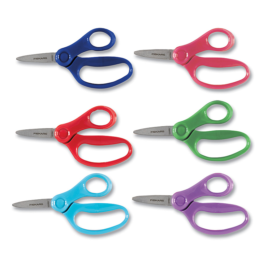Fiskars Kids Scissors, Pointed Tip, 5" Long, 1.75" Cut Length, Straight Handle, Randomly Assorted Handle Color (1067052)