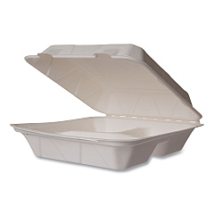 Vegware Nourish Molded Fiber Takeout Containers, Compostable, 3-Compartment, 5 x 9 x 2, White, Sugarcane, 200/Carton (WH93HW)