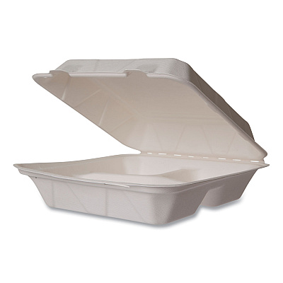 Vegware Nourish Molded Fiber Takeout Containers, Compostable, 3-Compartment, 5 x 9 x 2, White, Sugarcane, 200/Carton (WH93HW)