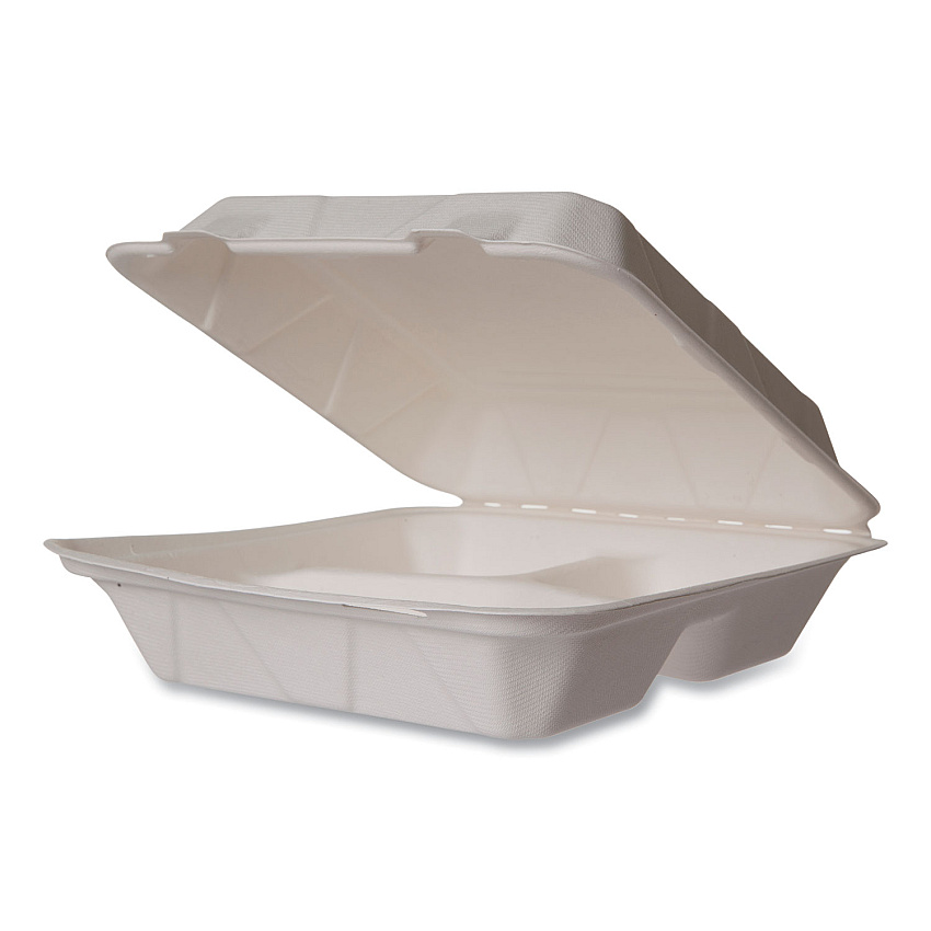 Vegware White Molded Fiber Clamshell Containers, Compostable, 3-Compartment, 9 x 18 x 2, White, Sugarcane, 200/Carton (WHBRG93HW)