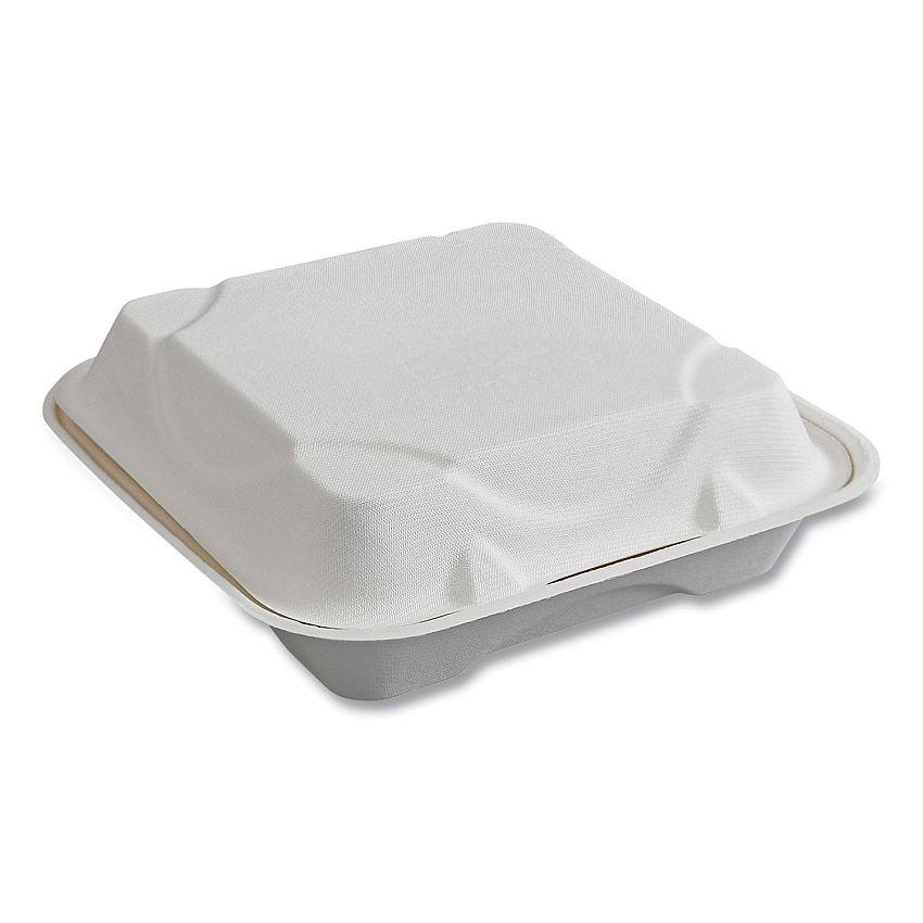 Eco-Products Vanguard Renewable and Compostable Sugarcane Clamshells, 1-Compartment, 9 x 9 x 3, White, 200/Carton (EPHC91NFA)
