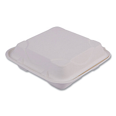 Eco-Products Renewable and Compost Sugarcane Clamshells, 3-Compartment, 9 x 9 x 3, White, 50/Pack, 4 Packs/Carton (EPHC93)