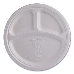 Eco-Products Vanguard Renewable and Compostable Sugarcane Plates, 3-Compartment, 10" dia, White, 500/Carton (EPP007NFA)