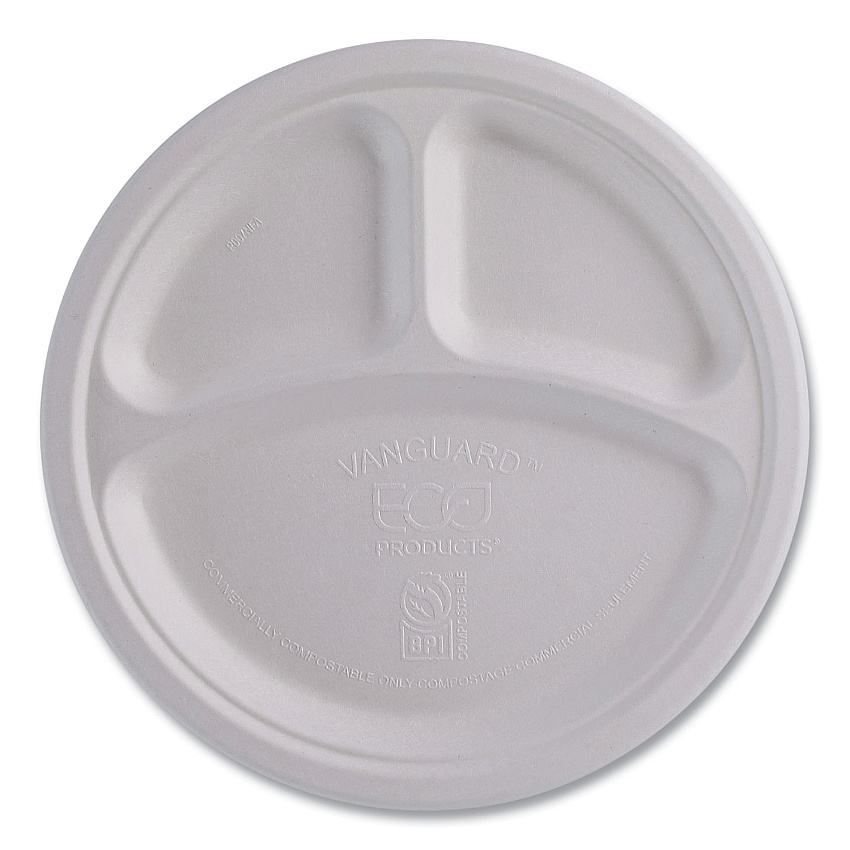 Eco-Products Vanguard Renewable and Compostable Sugarcane Plates, 3-Compartment, 10" dia, White, 500/Carton (EPP007NFA)