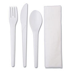 Eco-Products Plantware Compostable Cutlery Kit, Knife/Fork/Spoon/Napkin, 6", Pearl White, 250 Kits/Carton (EPS015)