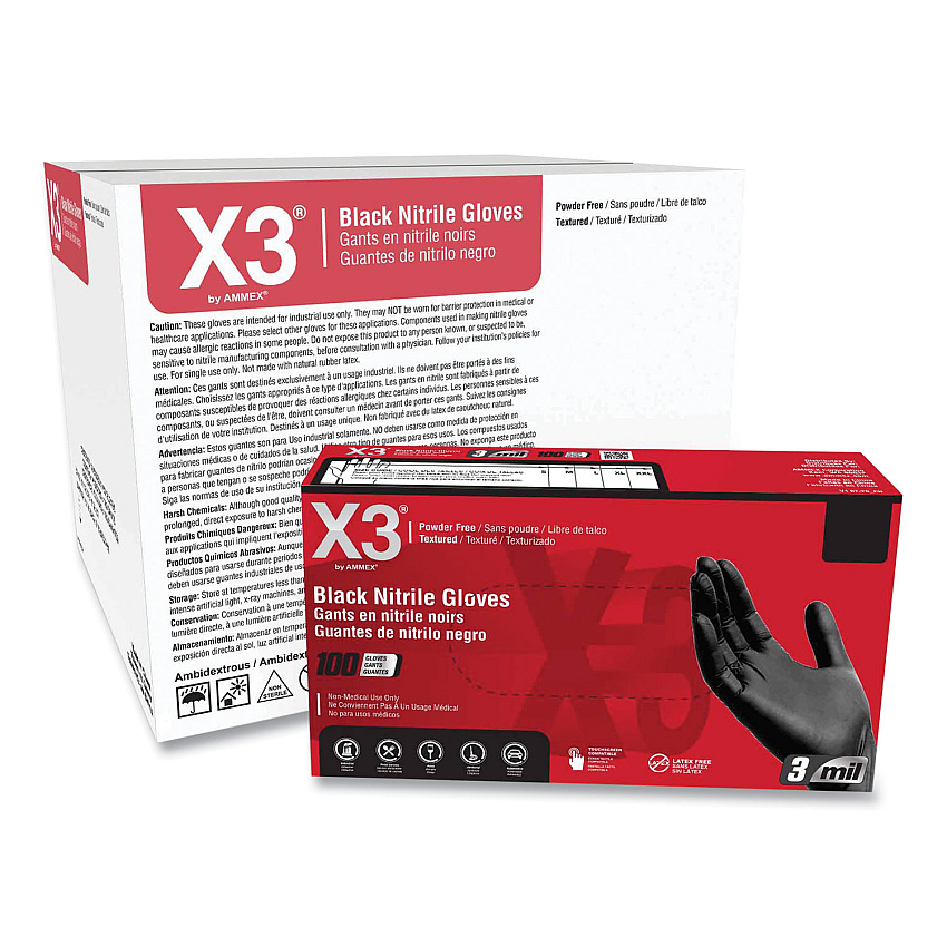 X3 by AMMEX Industrial Nitrile Gloves, Powder-Free, 3 mil, 2X-Large, Black, 100/Box, 10 Boxes/Carton (BX349100)