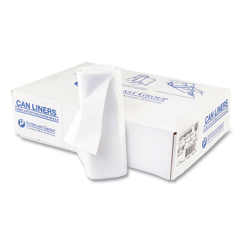 Inteplast Group High-Density Interleaved Commercial Can Liners, 33 gal, 16 microns, 33" x 40", Clear, 250/Carton (S334016N)