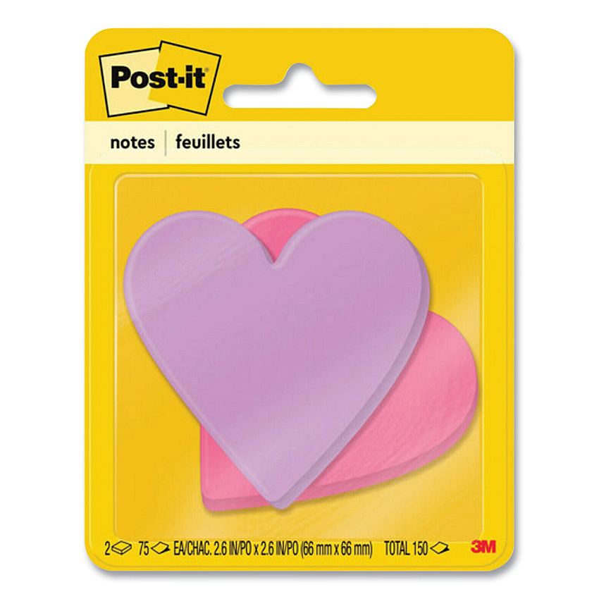 Post-it Die-Cut Heart Shaped Notepads, 3" x 3", Pink/Purple, 75 Sheets/Pad, 2 Pads/Pack (7350HRT)