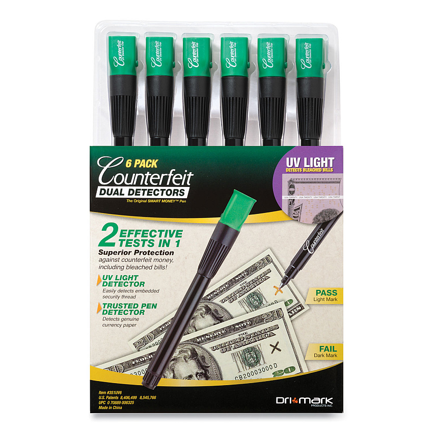 Dri-Mark Counterfeit Money Detection System, UV Light; Watermark Detector; Color Change Ink, U.S. Currency, 0.8 x 0.8 x 6, Black/Green (351UV6)