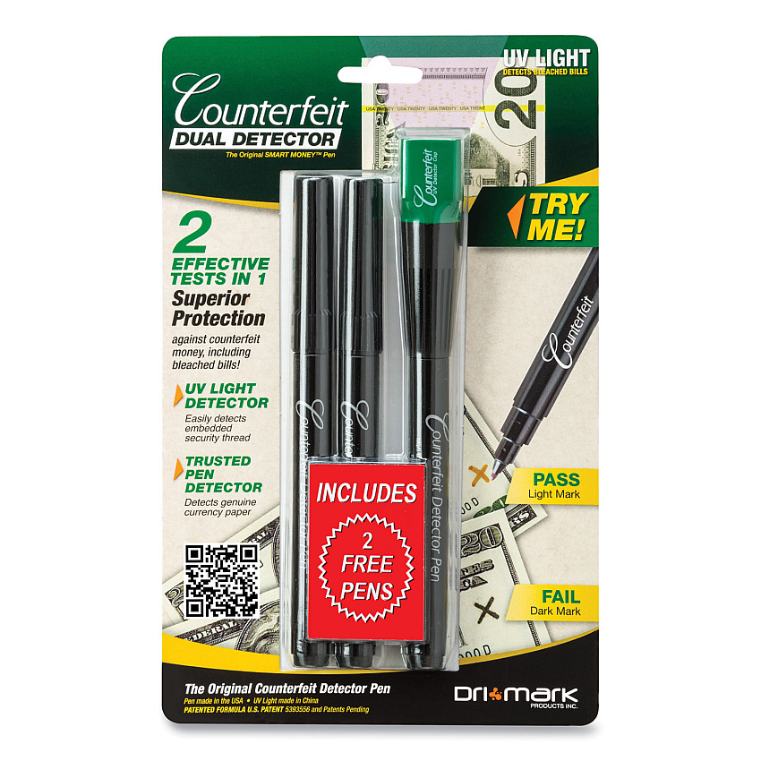 Dri-Mark Smart Money Counterfeit Detector Pen with Reusable UV LED Light, U.S.; Most Foreign Currencies, Black (351UVB)