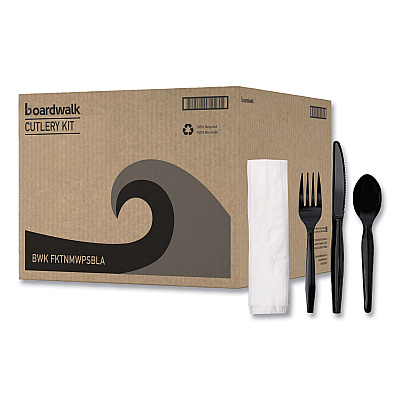Boardwalk Four-Piece Cutlery Kit, Fork/Knife/Napkin/Teaspoon, Black, 250/Carton (BWKFKTNMWPSBLA)