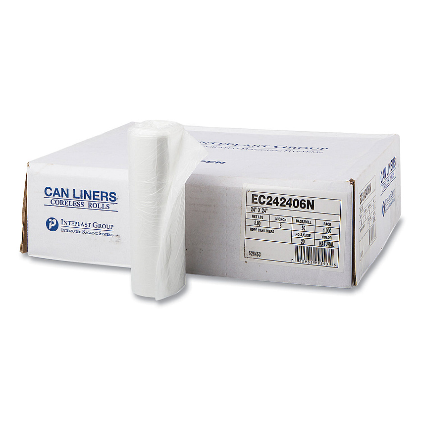 Inteplast Group High-Density Commercial Can Liners, 10 gal, 6 microns, 24" x 24", Natural, 1,000/Carton (EC242406N)