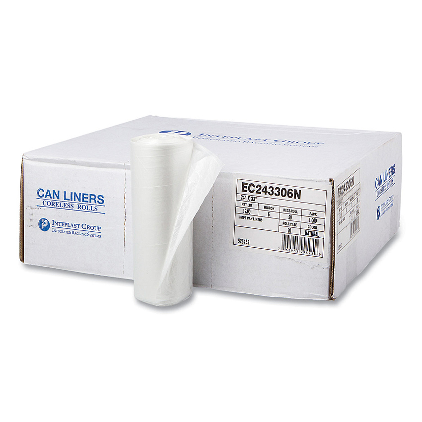 Inteplast Group High-Density Commercial Can Liners, 16 gal, 6 microns, 24" x 33", Natural, 1,000/Carton (EC243306N)