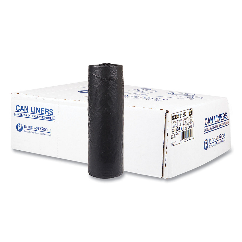 Inteplast Group High-Density Interleaved Commercial Can Liners, 33 gal, 16 microns, 33" x 40", Black, 250/Carton (S334016K)