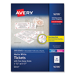 Avery Printable Tickets with Tear-Away Stubs, 97 Bright, 65 lb Cover Weight, 8.5 x 11, White, 10 Tickets/Sheet, 50 Sheets/Pack (16795)