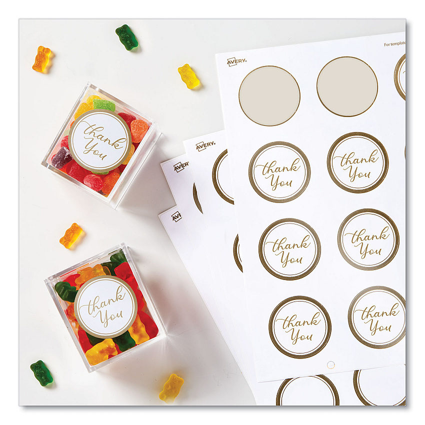 Avery Round Labels, 2" dia, White with Gold Border, 12/Sheet, 10 Sheets/Pack (22876)