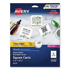 Avery Square Clean Edge Cards with Sure Feed Technology, Laser, 2.5 x 2.5, White, 180 Cards, 9 Cards/Sheet, 20 Sheets/Pack (35703)
