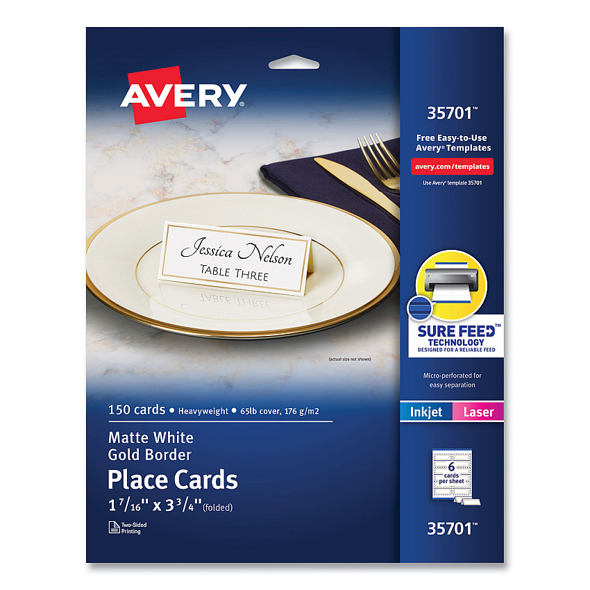 Avery Tent Cards, White/Gold, 3.75" x 1.44", 6 Cards/Sheet, 25 Sheets/Pack (35701)