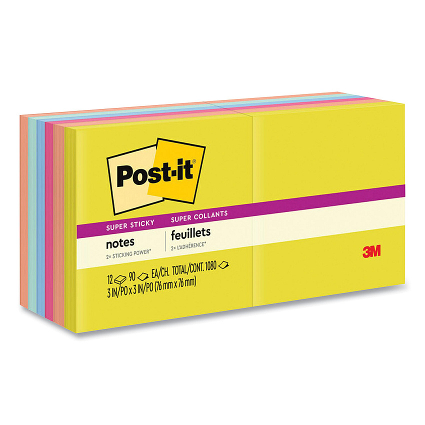 Post-it Notes Super Sticky Note Pads in Summer Joy Collection Colors, 3" x 3", Summer Joy Collection Colors, 90 Sheets/Pad, 12 Pads/Pack (65412SSJOY)