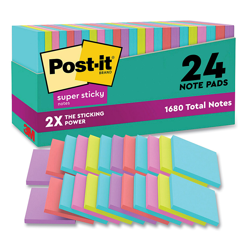 Post-it Notes Super Sticky Pads in Supernova Neon Collection Colors, Cabinet Pack, 3" x 3", 70 Sheets/Pad, 24 Pads/Pack (65424SSMIACP)