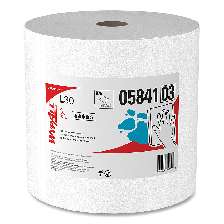 WypAll L30 Towels, 12.4 x 12.2, White, 875/Roll (05841)