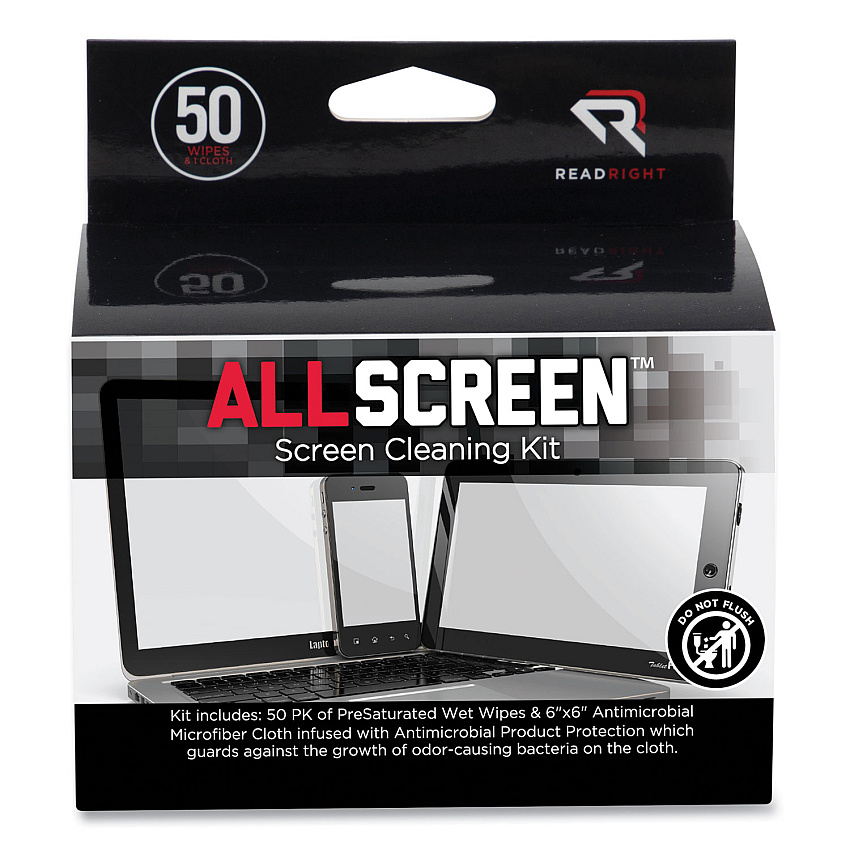 Read Right AllScreen Screen Cleaning Kit, 50 Individually Wrapped Presaturated Wipes, 1 Microfiber Cloth/Box (RR15039)