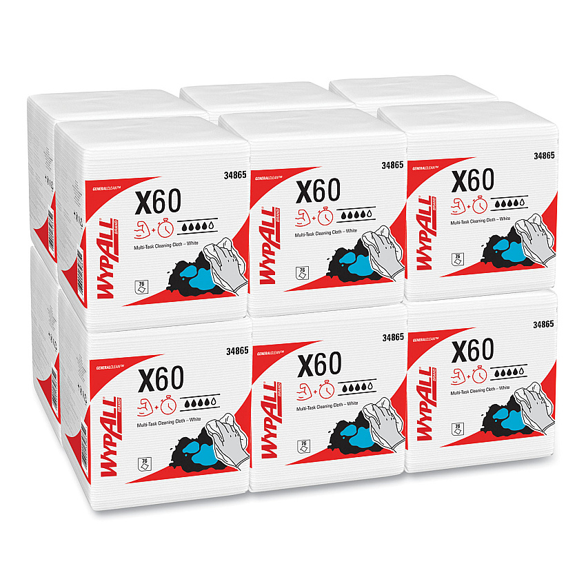 WypAll General Clean X60 Cloths, 1/4 Fold, 12.5 x 13, White, 76/Box, 12 Boxes/Carton (34865)