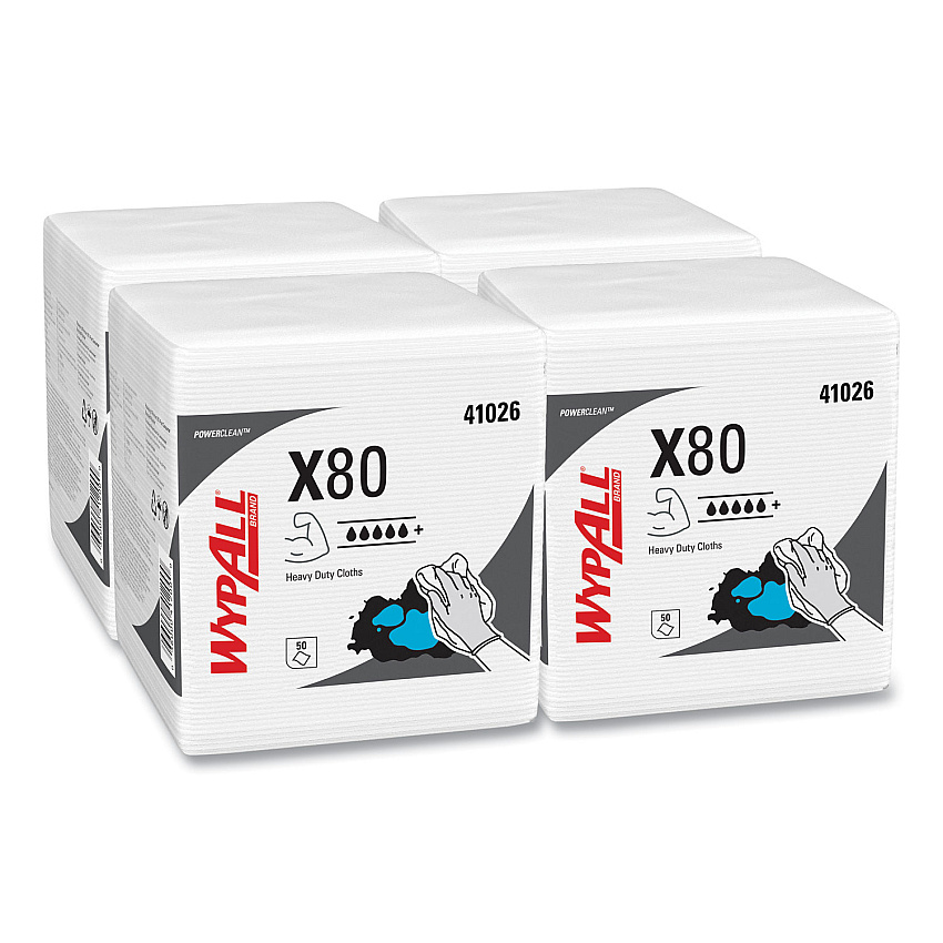 WypAll Power Clean X80 Heavy Duty Cloths, 1/4 Fold, 12.5 x 12, White, 50/Box, 4 Boxes/Carton (41026)