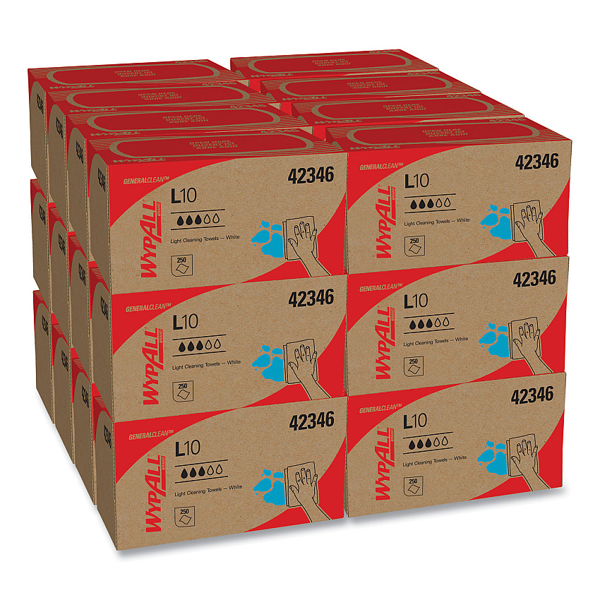 WypAll L10 Towels, POP-UP Box, 1-Ply, 10.25 x 9, White, 250/Box, 24 Boxes/Carton (42346)