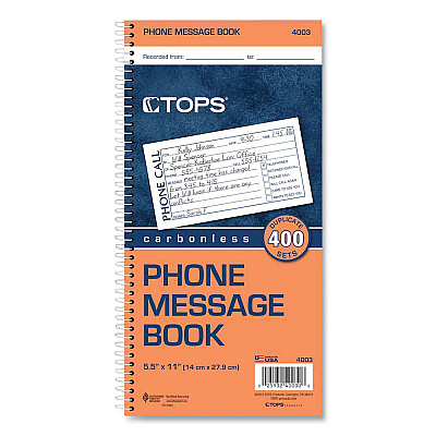 TOPS Spiralbound Message Book, Two-Part Carbonless, 2.75 x 5, 4/Page, 400 Forms (4003)