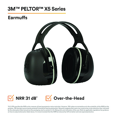 3M PELTOR X Series Earmuffs, Model X5A, 31 dB NRR, Black
