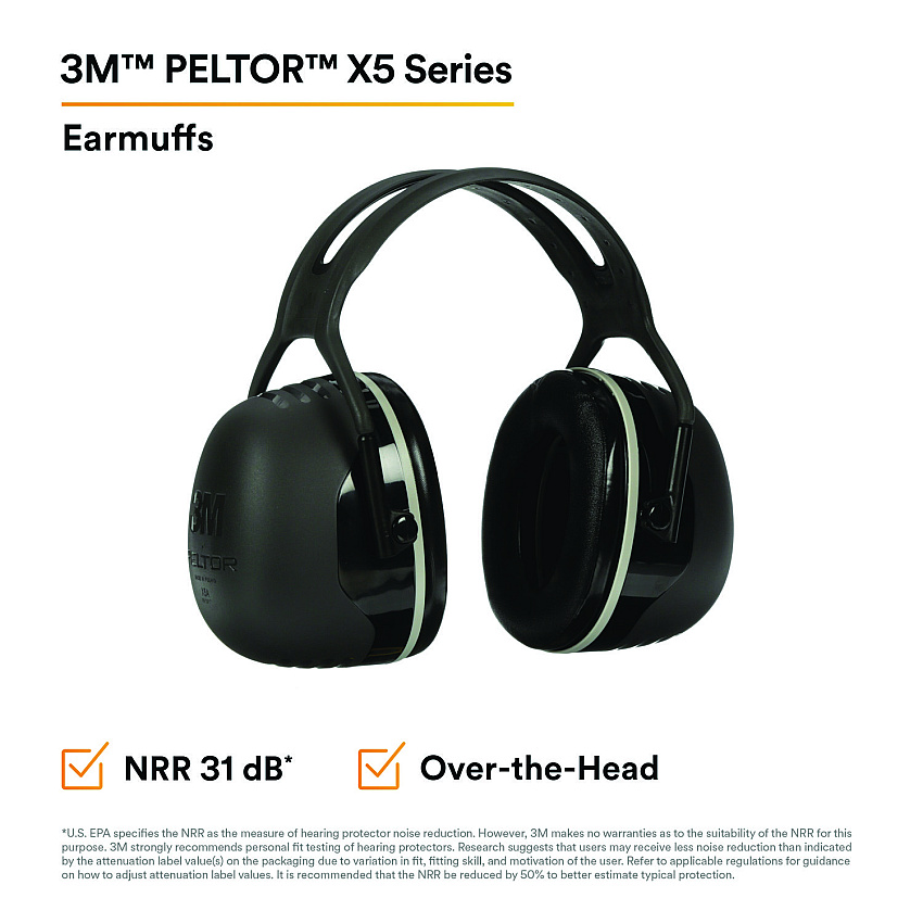 3M PELTOR X Series Earmuffs, Model X5A, 31 dB NRR, Black