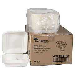 Pactiv EarthChoice PFAS Free Compostable Hinged Lid Container, 3-Compartment, 8 x 8 x 3, Natural, Sugarcane, 150/Carton (YMCH0803PFFR)
