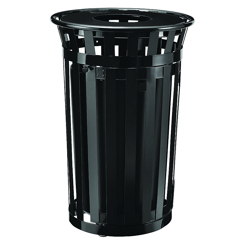 Global Industrial Outdoor Slatted Steel Trash Can, With Access Door, 36 gal, Steel Black (261940BK)