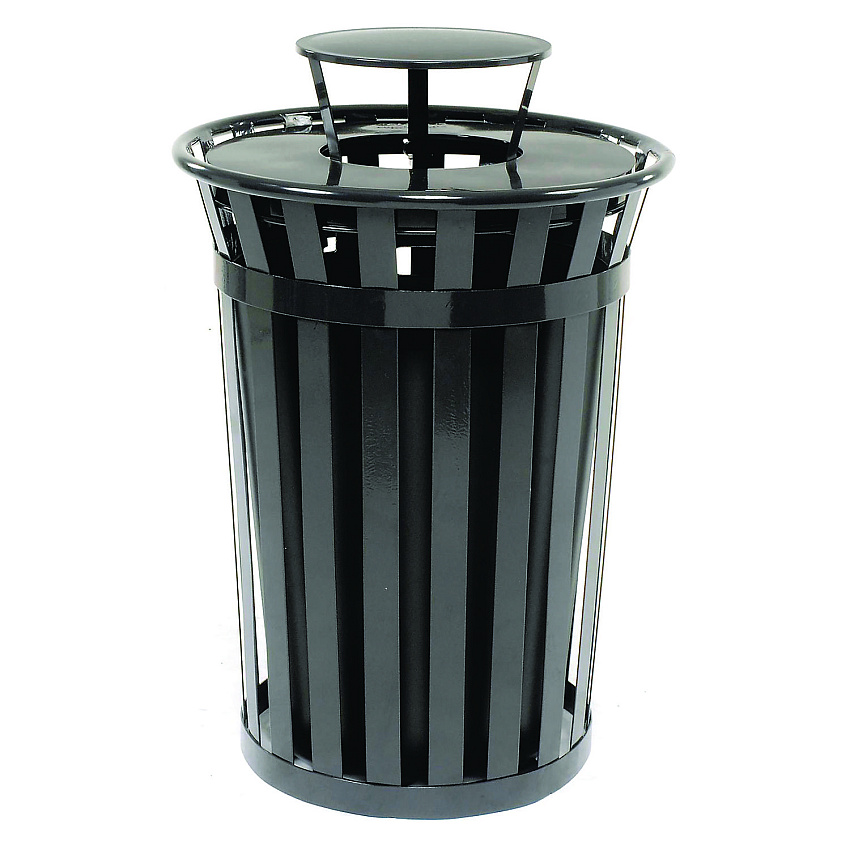 Global Industrial Outdoor Slatted Steel Trash Can, Rain Bonnet Lid, 36 gal, Black (260804BK)