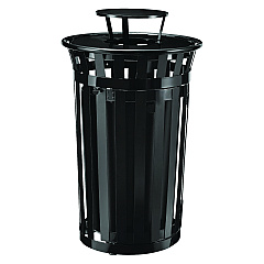Global Industrial Outdoor Slatted Steel Trash Can, With Access Door and Rain Bonnet Lid, 36 gal, Black (261941BK)