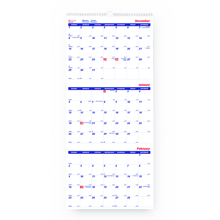 Brownline Three-Month Wall Calendar, 12.25" x 27", White/Blue Sheets, 14-Months: Dec 2024 to Jan 2026 (C171128)