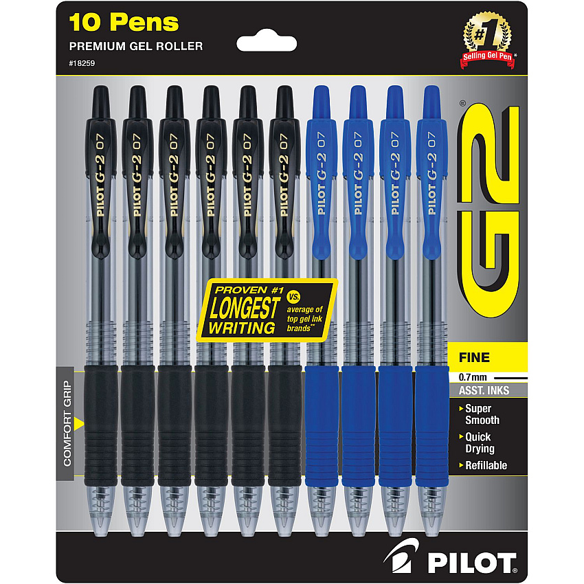 Pilot G2 Premium Gel Pen, Retractable, Fine 0.7 mm, Assorted Ink/Barrel Colors, 10/Pack (18259)