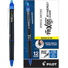 Pilot FriXion Synergy Clicker Erasable Gel Pen, Retractable, Extra-Fine 0.5 mm, Blue Ink, Black/Blue Barrel, Dozen (17369)