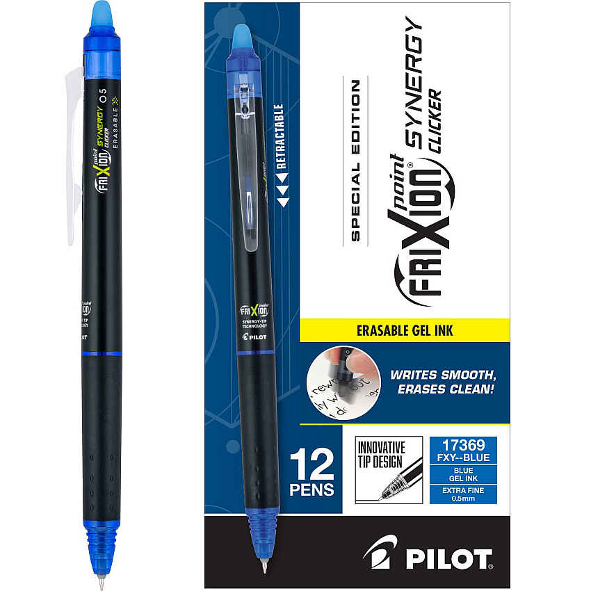 Pilot FriXion Synergy Clicker Erasable Gel Pen, Retractable, Extra-Fine 0.5 mm, Blue Ink, Black/Blue Barrel, Dozen (17369)
