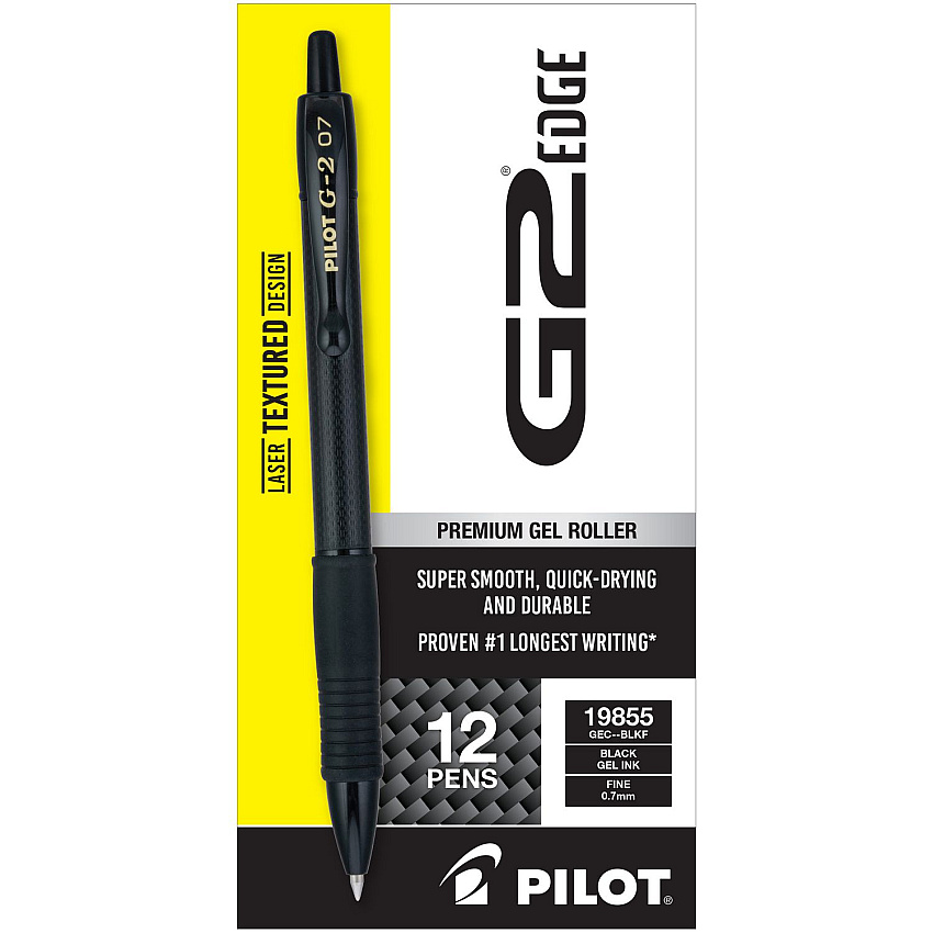 Pilot G2 Edge Premium Gel Pen, Retractable, Fine 0.7 mm, Black Ink/Barrel, Dozen (19855)